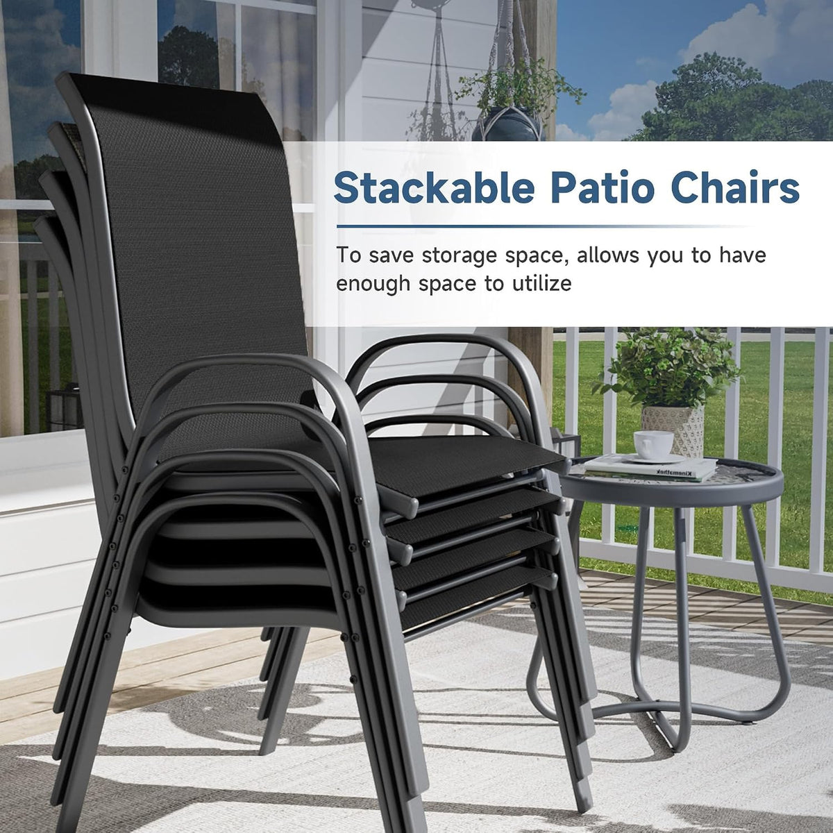 Amopatio Patio Chairs Set of 4, Outdoor Stackable Dining Chairs for All Weather, Breathable Garden Outdoor Furniture for Backyard Deck(Black)