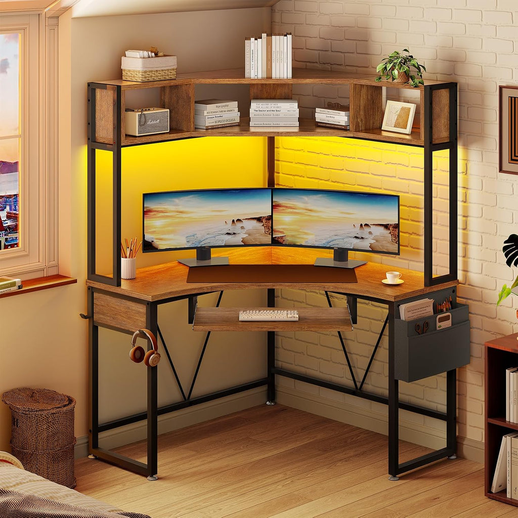 SEDETA Corner Desk, 39' W x 62' H Small Office Desk with Hutch & LED Lights, Triangle Gaming Computer Desk with Keyboard Tray, Storage Bag, and Headphone Hook for Small Space, Rustic Brown