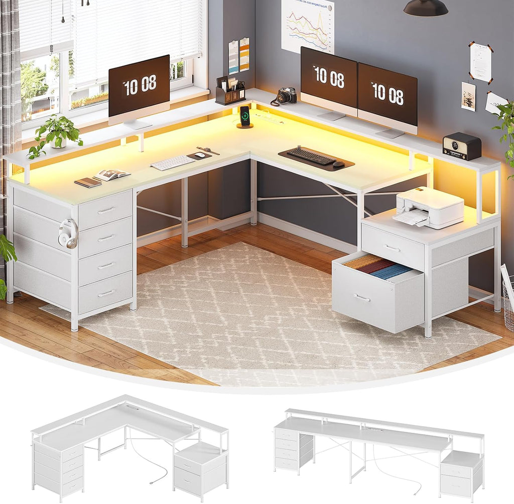 SEDETA L Shaped Desk with 6 Drawer, 108' Home Office Desk with File Drawer & Power Outlet, Corner Computer Desk with Monitor Shelf, File Cabinet, Two Person Desk, Gaming Desk with Led Lights, White