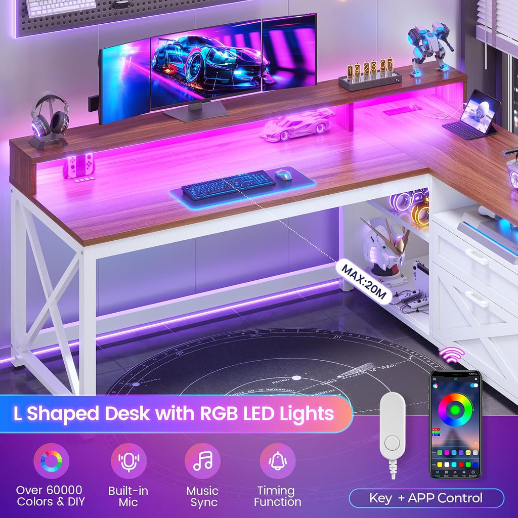 SEDETA Farmhouse L Shaped Desk, 55' Home Office Desk with Drawers and Storage Shelves, L Shaped Gaming Desk with LED Lights, Power Outlet and Monitor Shelf, Brown