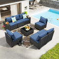 JOYURE 8 Pieces Patio Furniture Set All-Weather Outdoor Wicker Sectional Conversation Sofa Rattan Patio Seating Sofa with Cushion and Glass Table for Porch Poolside,Navy
