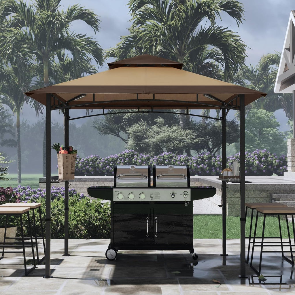 COOSHADE 8'x 5' Grill Gazebo Double Tiered Outdoor BBQ Gazebo Canopy with LED Light (Brown with Khaki)