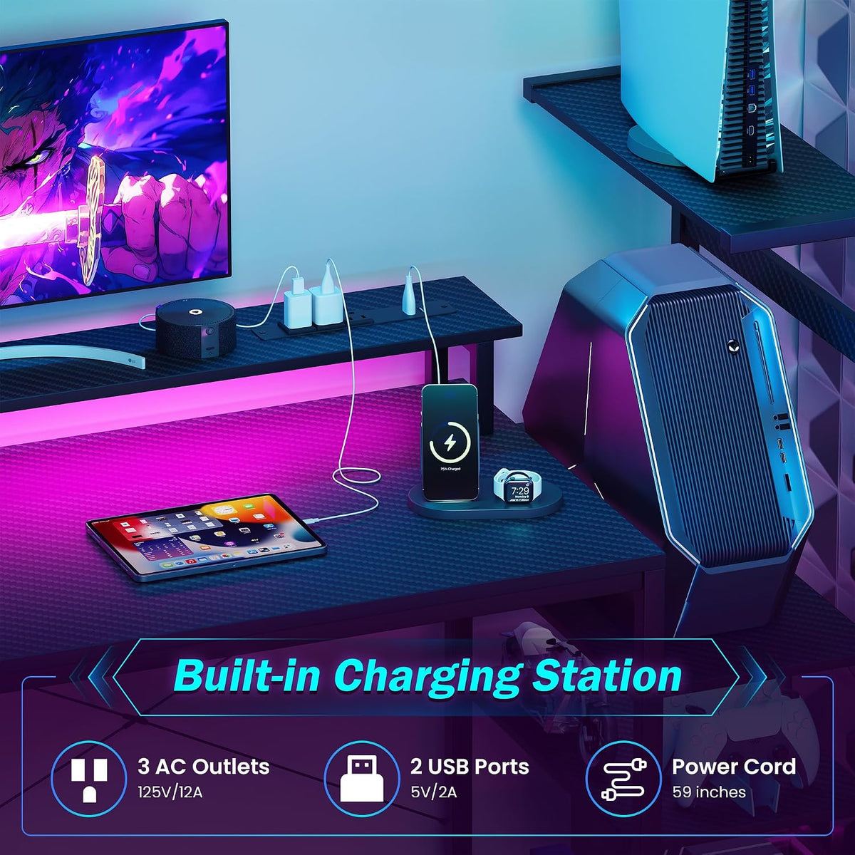 59 Inch Gaming Desk with LED Lights and Power Outlets, Computer Desk with Storage Shelves, Fabric Drawers, Monitor Stand & Side Hook, Reversible Gamer Table for Home Office, Carbon Fiber Black