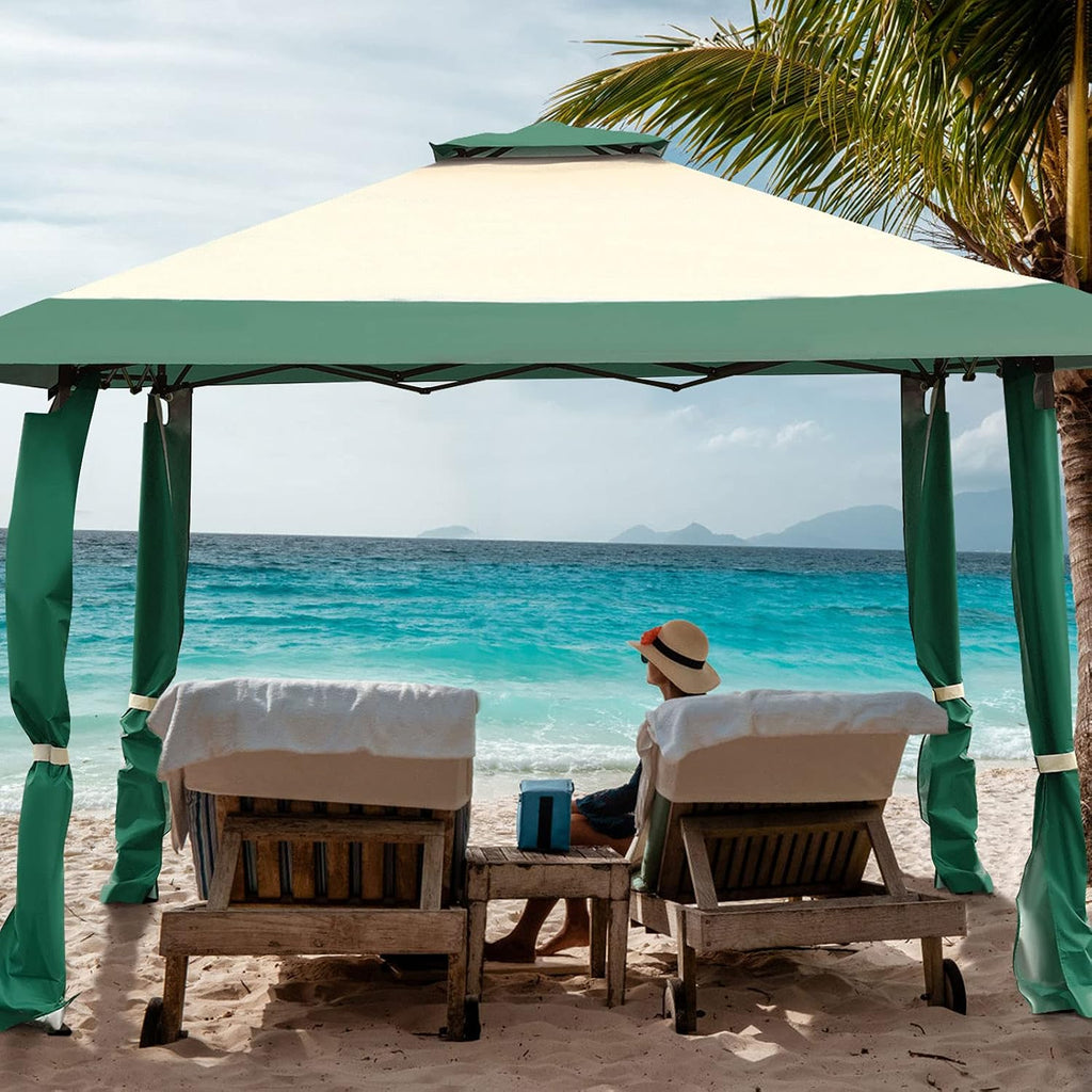Tangkula 13 x13Ft Pop-Up Gazebo, Outdoor Canopy Shelter w/ 2-Tier Roof, Corner Curtains & 3 Adjustable Heights, Patio Gazebo with 169 Sq.Ft of Shade for Yard, Patio, Beach & Park (Green)