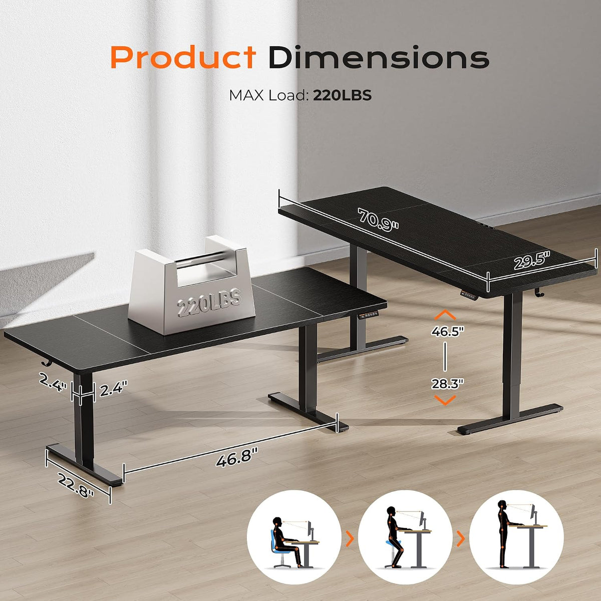 Huuger 71 x 30 Large Electric Standing Desk, Height Adjustable Computer Desk, 29.5' Deep Desktop, Stand up Gaming Office Table with 2 Hooks, 3 Preset Heights, for Home Office, Black