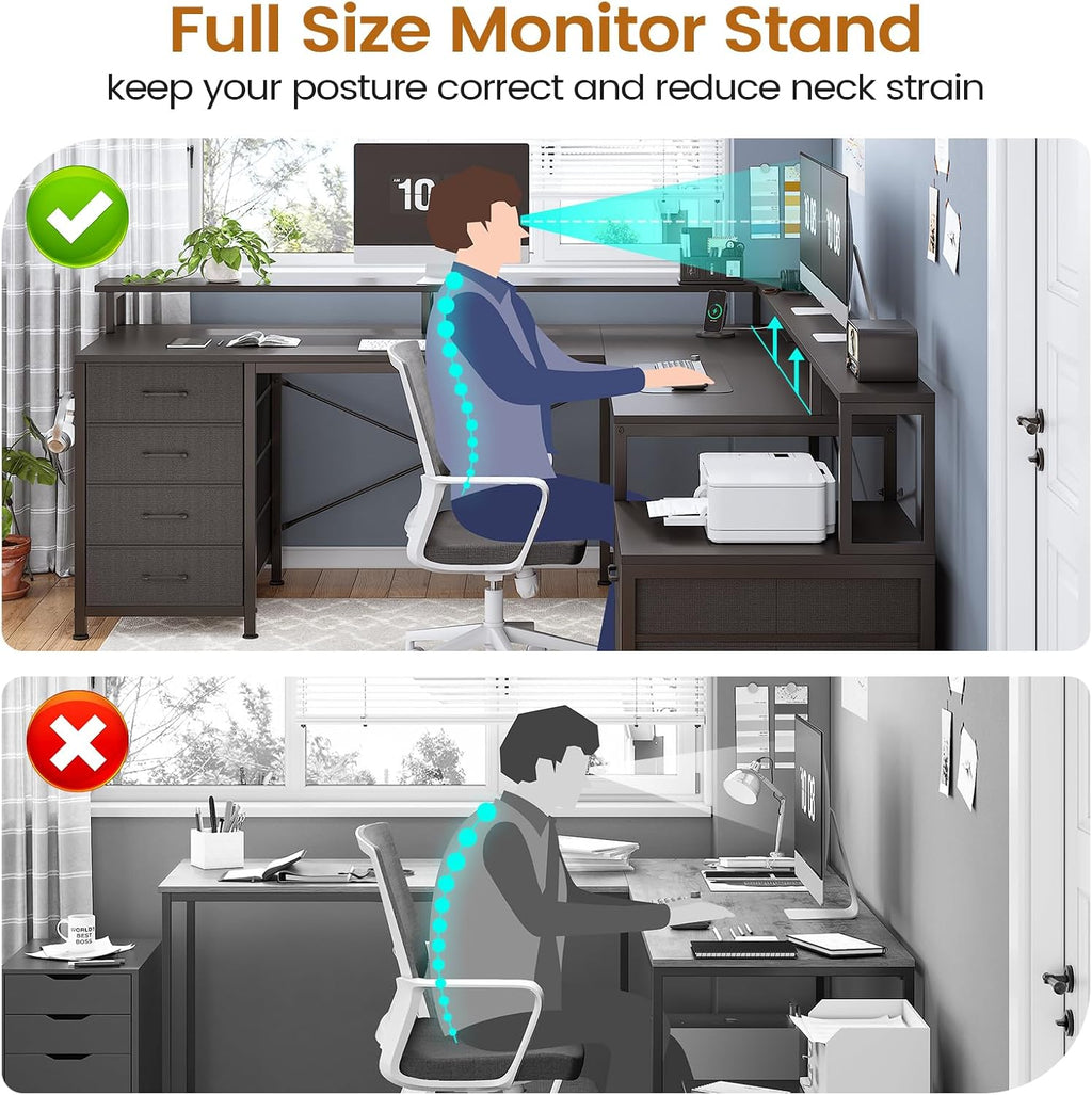 SEDETA L Shaped Desk with 6 Drawer, 108' Home Office Desk with File Drawer & Power Outlet, Corner Computer Desk with Monitor Shelf, File Cabinet, Two Person Desk, Gaming Desk with Led Lights, Black