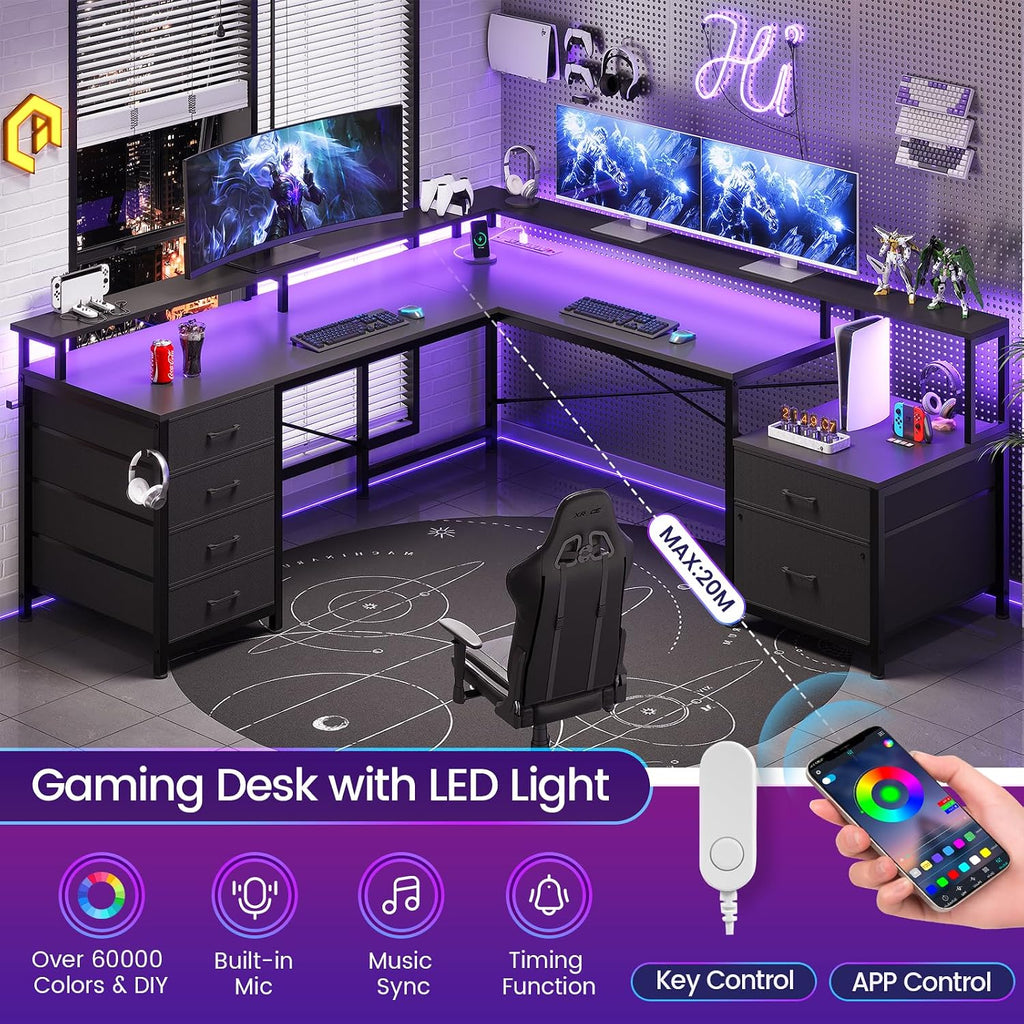 SEDETA L Shaped Desk with 6 Drawer, 108' Home Office Desk with File Drawer & Power Outlet, Corner Computer Desk with Monitor Shelf, File Cabinet, Two Person Desk, Gaming Desk with Led Lights, Black