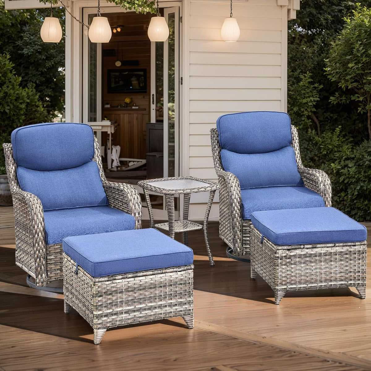 HUMMUH 6-Piece Outdoor Wicker Patio Furniture Set with Swivel Glider Chairs, 3-Seat Sofa & Ottomans 5' Olefin Cushions Ergonomic Neck-Lumbar Backrest All-Weather Rattan for Garden, Deck, Porch
