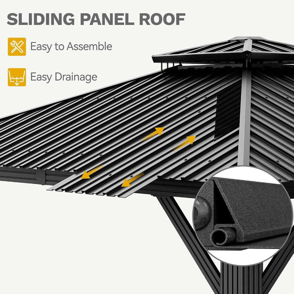 DWVO 12x12ft Gazebo Double Roof Hardtop with Nettings and Curtains, Heavy Duty Galvanized Steel Outdoor Vertical Stripes Roof for Patio, Backyard, Deck, Lawns, Grey