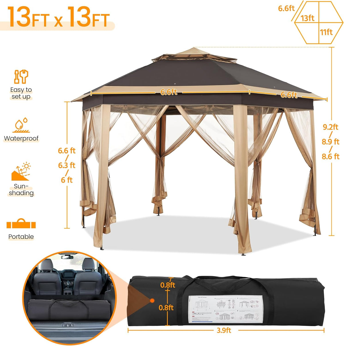 Yaheetech 13x13 Pop up Gazebo, Hexagonal Outdoor Canopy Shelter, Instant Patio Gazebo Sun Shade Canopy Tent with Double Tiers & Mesh Netting for Lawn, Garden, Backyard & Deck, Khaki/Brown