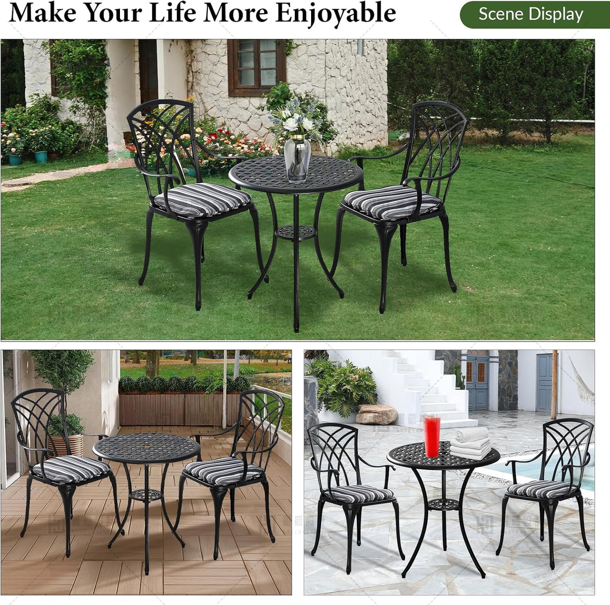 Outdoor Bistro Set 3 Piece Outdoor Bistro Table and Chairs Set Table with Umbrella Hole, Cushions, Cast Aluminum Patio Furniture for Porch, Backyard, Garden, Black