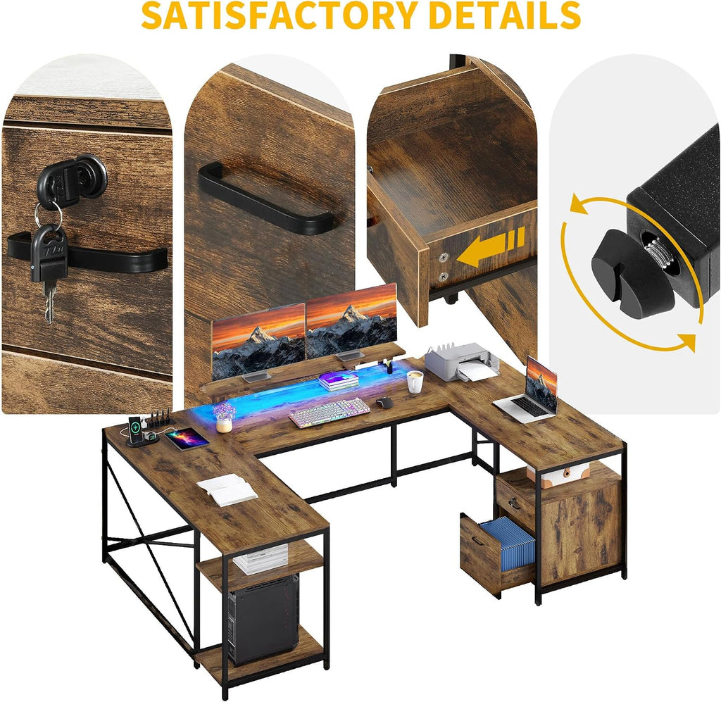 DWVO U Shaped Desk with Drawers, 79' Reversible L Shaped Desk with Power Outlets & LED Lights, Corner Computer Desk with Monitor Stand & Storage Shelves, Rustic Brown