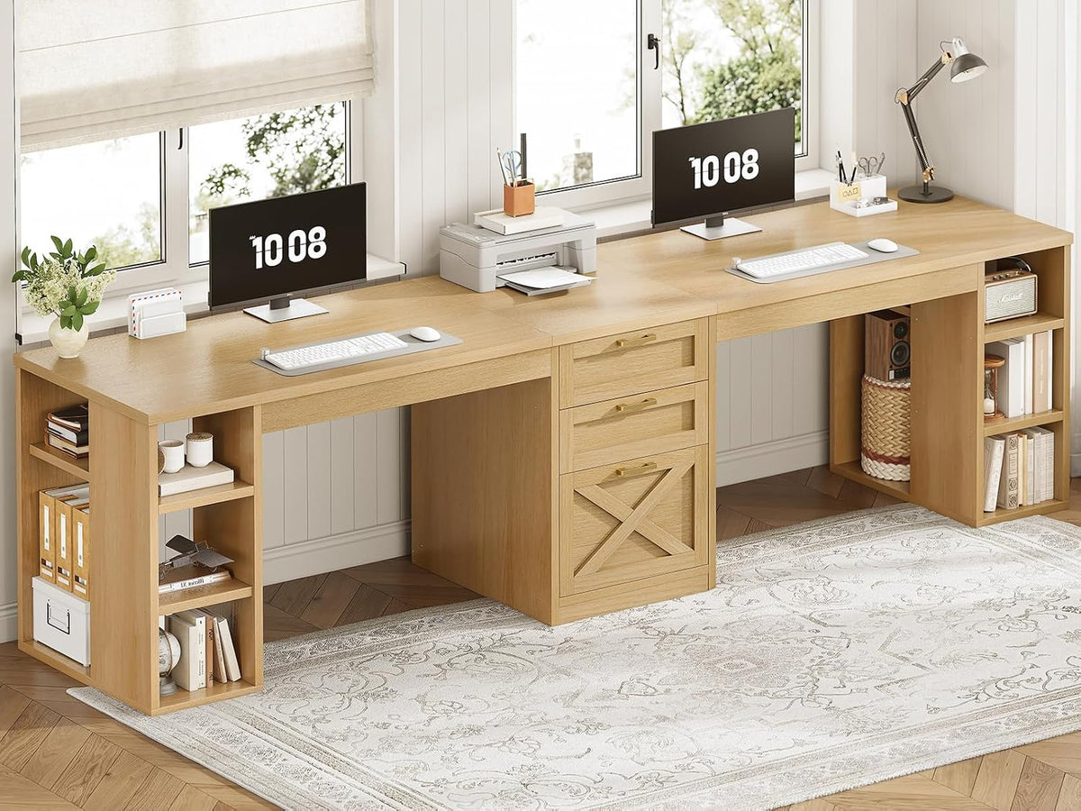 SEDETA Farmhouse 96.5' Computer Desk with Drawers, 2 Person Home Office Desk, Gaming Double Desk with Storage Shelves, Long Two Person Writing Desk, Oak