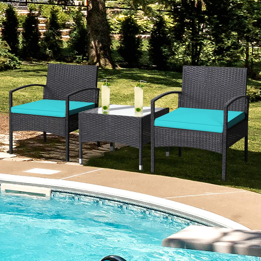 RELAX4LIFE 3-Piece Patio Furniture Set - Rattan Conversation Set, Wicker Bistro Set w/2 Chairs, Glass Coffee Table, Steel Frame, Outdoor Chairs Set for Yard Balcony, Front Porch Furniture (Turquoise)