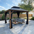 PURPLE LEAF 10' X 10' Hardtop Gazebo Outdoor Wood Grain Aluminum Frame Galvanized Steel Double Roof Gazebos with Netting and Curtains for Patio Deck Backyard Garden
