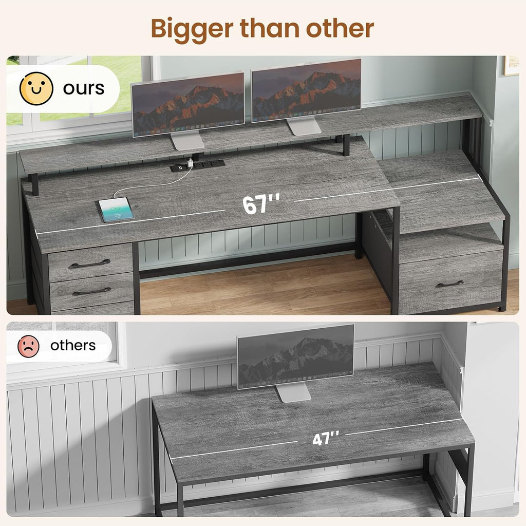 SEDETA Home Office Desk with File Drawer & Power Outlet, 66'' Computer Desk with 5 Drawer, Storage Shelves, Printer Cabinet and Monitor Shelf, Gaming Desk with Led Lights, Grey