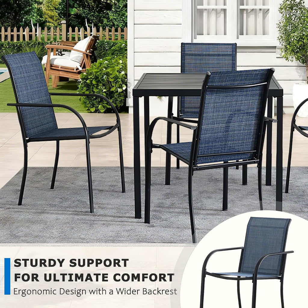 5-Piece Outdoor Dining Set, 35.5' Square Metal Patio Table with Dark Blue Chairs, Black Table with Umbrella Hole for Garden, Yard, Patio