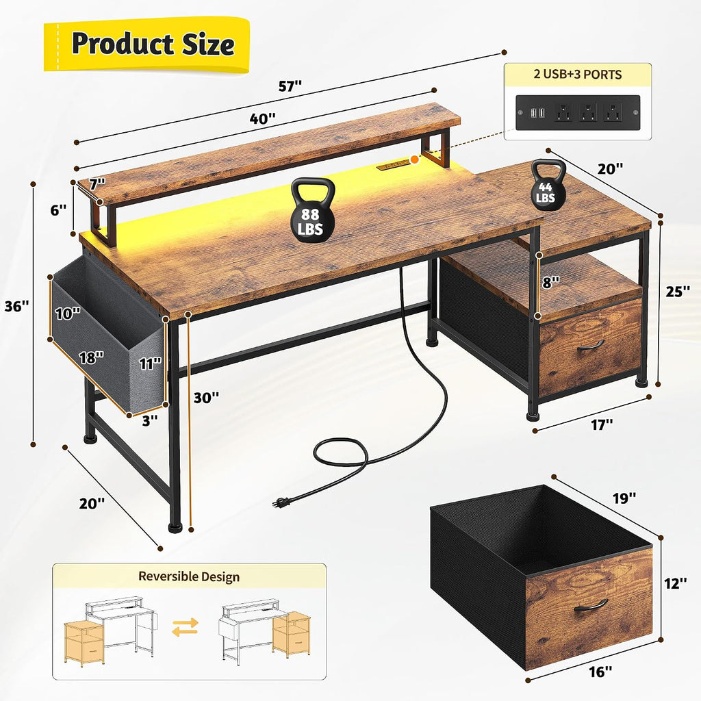 DurayLoly Computer Desk with Monitor Stand,Office Desk with LED Lights &Power Outlets,Gaming Desk with Drawers & Printer Shelf,Writing Table with Side Storage Bag,57' W x 20' D x 36' H,Rustic Brown