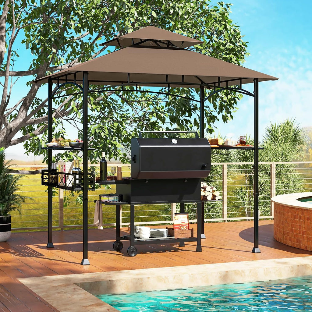 Tangkula 8x5 Ft Grill Gazebo, 2-Tier Barbecue Gazebo with 2 Shelves, 20 Hanging Hooks, Bottle Opener & Storage Basket, Outdoor Grill Canopy for Backyard Garden Poolside (Coffee)
