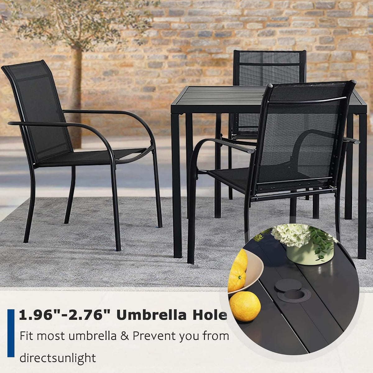 5 Pieces Patio Dining Set for 4, Black Patio Stackable Chairs and Black Square Table Set of 4, Outdoor Furniture Set with Sling Support for Outside, Garden