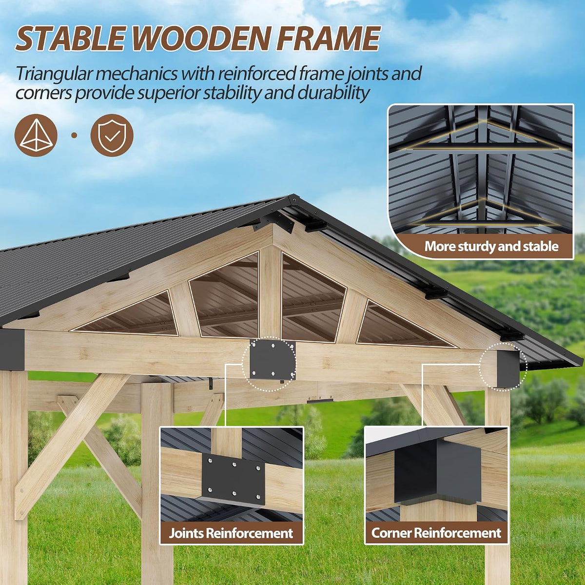 12' × 14' Wood Gazebo, Outdoor Cedar Hardtop Wooden Frame Gazebos with Galvanized Steel Roof for Garden, Patio, Deck