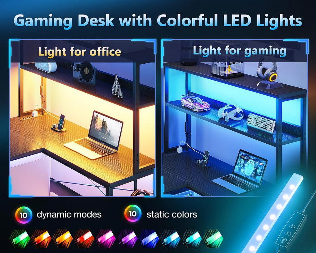 Casaottima 61 Inch Gaming Desk with Power Outlets & LED Lights, Reversible L Shaped Computer Desk with Shelves & Storage Bag, Corner Desk for Home Office, Black