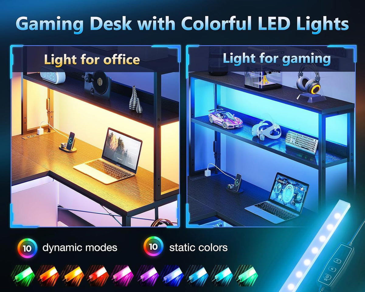 Casaottima 61 Inch Gaming Desk with Power Outlets & LED Lights, Reversible L Shaped Computer Desk with Shelves & Storage Bag, Corner Desk for Home Office, Black