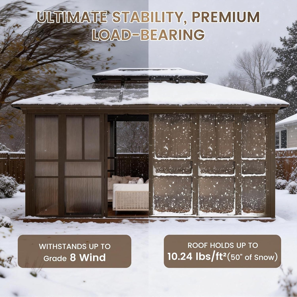 EROMMY 12x16 Sunroom Gazebo, Polycarbonate Roof Outdoor Solarium with Sliding Door & Adjustable Window Panels, Enclosed Patio Sunroom with Mesh Screens, Aluminum Frame Backyard Enclosure