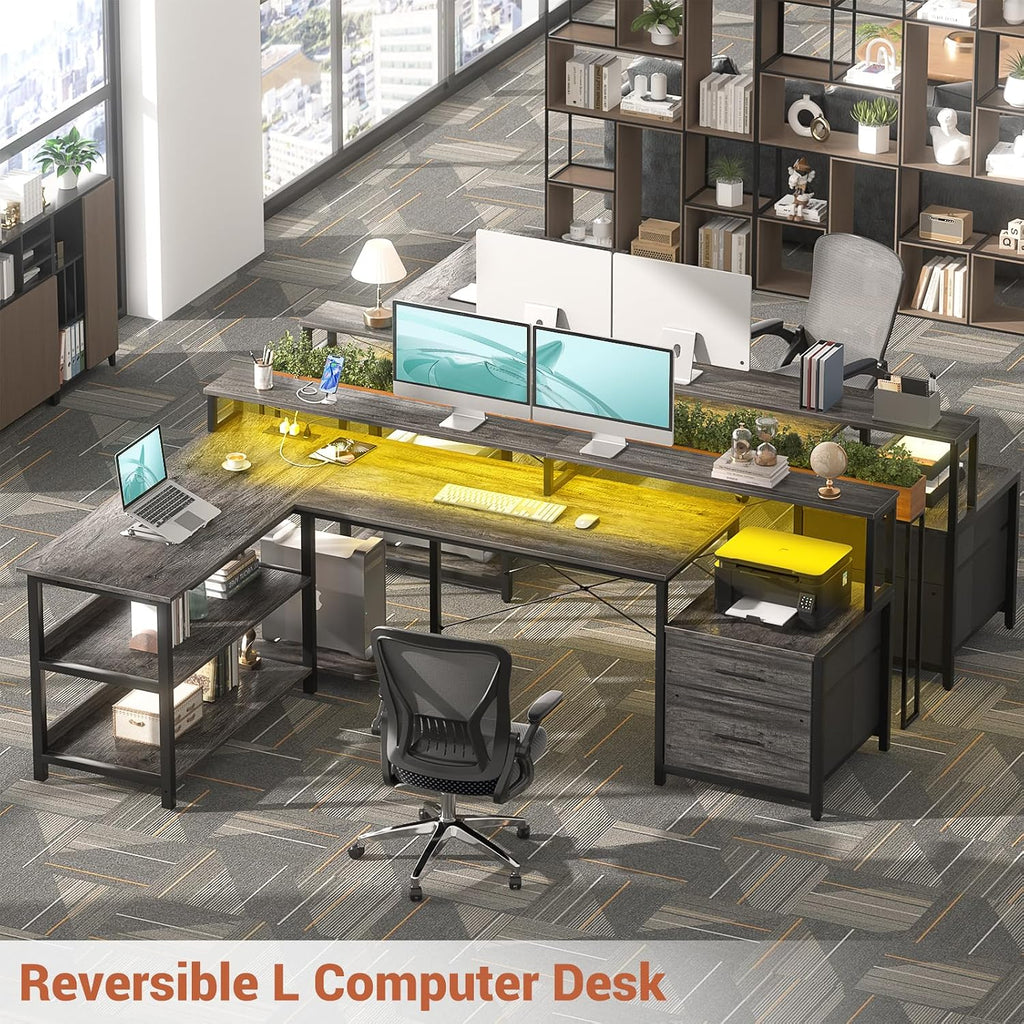 Aheaplus L Shaped Desk with File Drawer, 72.8' Reversible L Shaped Computer Desk with Power Outlet & LED Strip, Gaming Desks with Monitor Stand, Corner Office Desks with Storage Shelf, Grey Oak