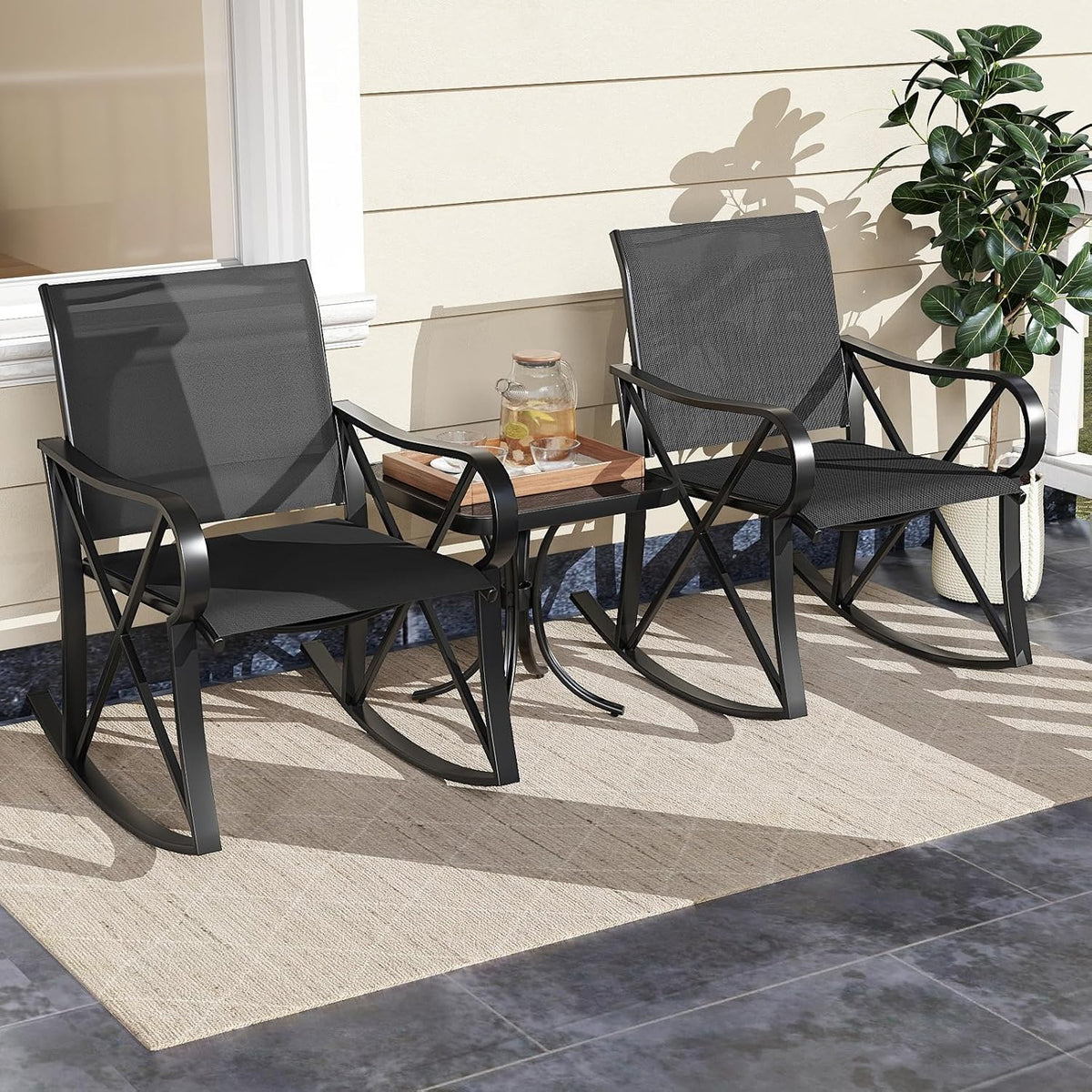 HAPPYGRILL 3-Piece Patio Rocking Bistro Set Rocker Chairs Set with Side Table, Outdoor Conversation Furniture Set with Metal Frame for Porch, Garden, Backyard, Balcony (Black)