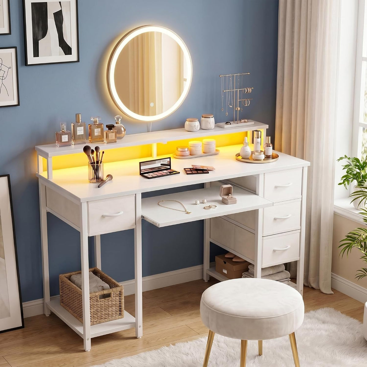 TIQLAB Computer Desk with Drawers and Power Outlets, 47 Inch Gaming Desk with LED Lights, Home Office Desk with Monitor Stand and Keyboard Tray, Study Writing Work Desk for Home Office, White
