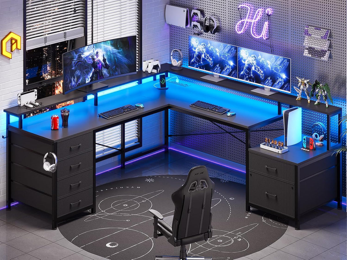 SEDETA L Shaped Desk with 6 Drawer, 108' Home Office Desk with File Drawer & Power Outlet, Corner Computer Desk with Monitor Shelf, File Cabinet, Two Person Desk, Gaming Desk with Led Lights, Black
