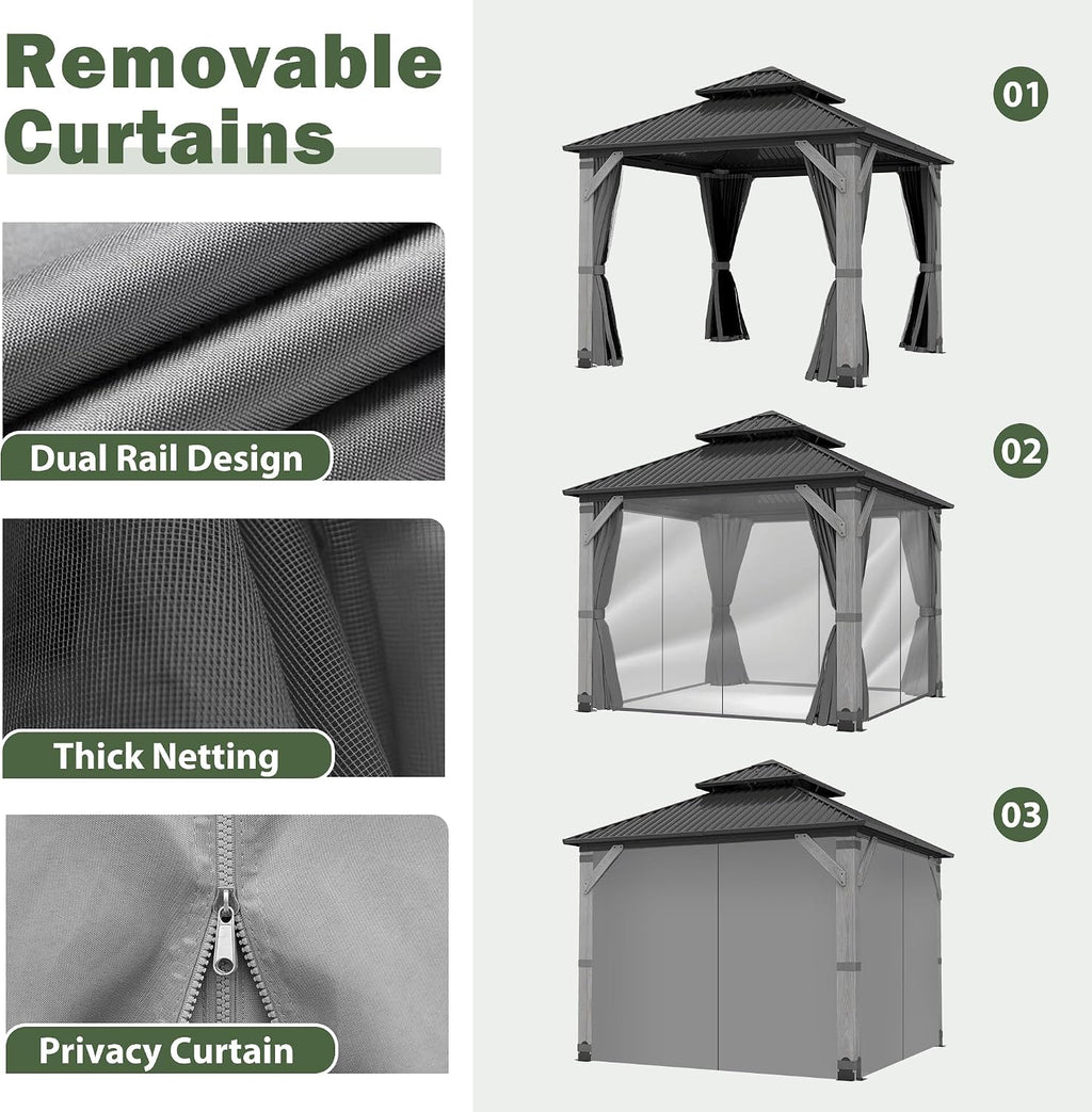 10x12FT Hardtop Wood Gazebo, Outdoor Gazebo with Cedar Wooden Pillar & Double Metal Roof - Weather-Resistant Gazebos Pavilion for Patio, Garden, Backyard (w/Netting & Gray Curtains)