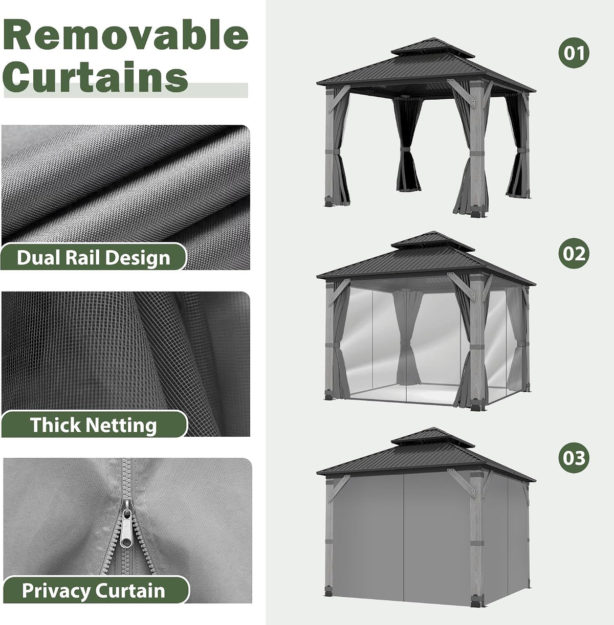 10x12FT Hardtop Wood Gazebo, Outdoor Gazebo with Cedar Wooden Pillar & Double Metal Roof - Weather-Resistant Gazebos Pavilion for Patio, Garden, Backyard (w/Netting & Gray Curtains)