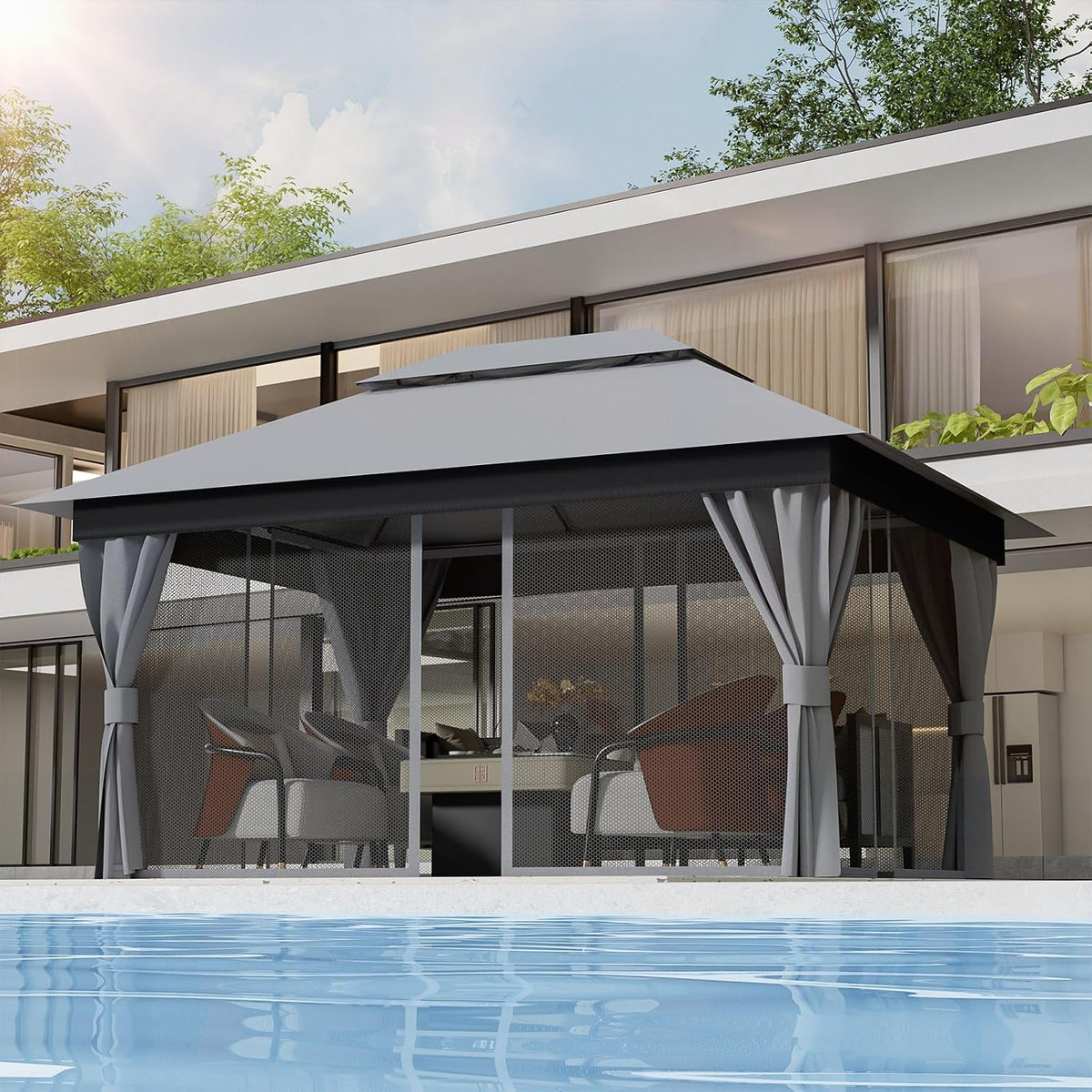 Outdoor Gazebo for Patio 10'x13' - Heavy Duty Steel Frame Canopy Party Tent Shelter with Double Roofs, Mosquito Net and Privacy Curtains for Backyard Garden Lawn (Gray, 10x13)