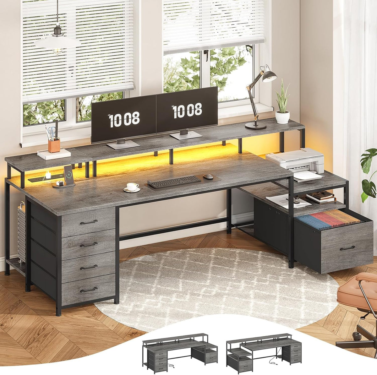 SEDETA 75'' Computer Desk with 5 Drawer, Power Outlet & Led Lights, Home Office Desk with File Drawer, Storage Shelves, Printer Cabinet and Monitor Shelf, 23.6' W Large Desktop Gaming Desk, Grey