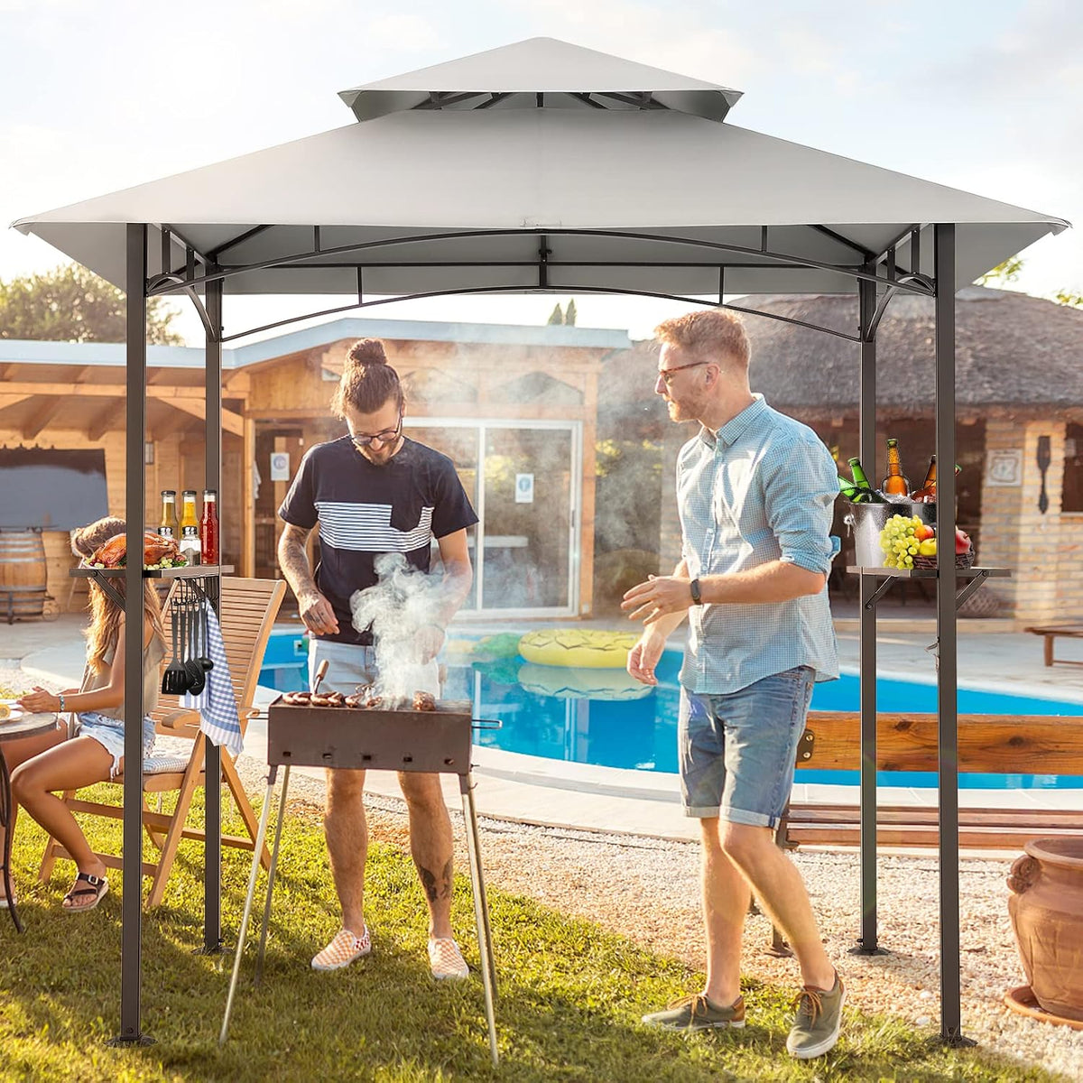 COBIZI 8x5 Grill Gazebo, BBQ Gazebo Shelter, Outdoor Canopy with LED Lights and Two Bar Counters, Double Tiered for Gray