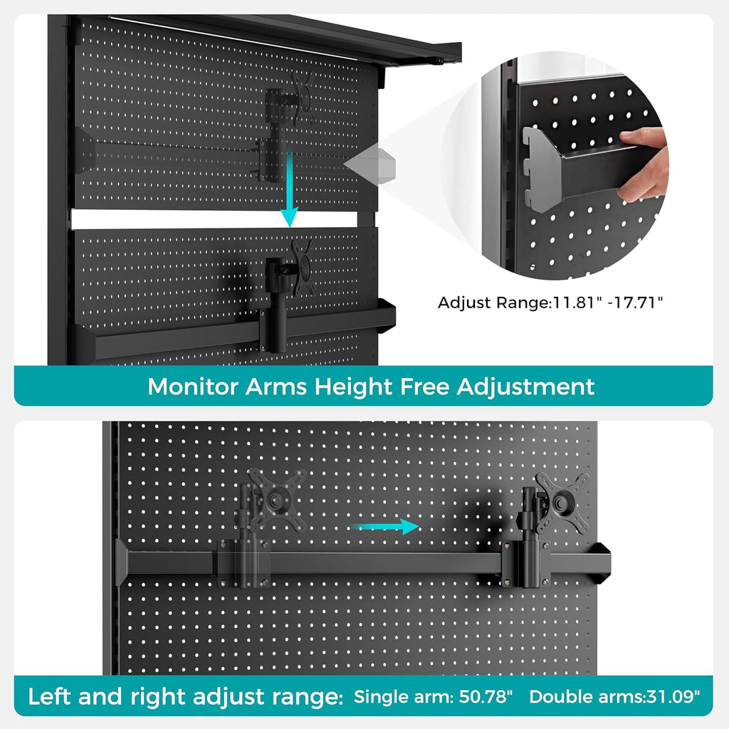 EUREKA ERGONOMIC Desk Pegboard with Dual Monitor Stands, LED Metal Pegboard for Gaming Desk, Privacy Panel with 4 Accessories Modular Hanging, Computer Accessories for Office, 59 x 34 Inch, Black