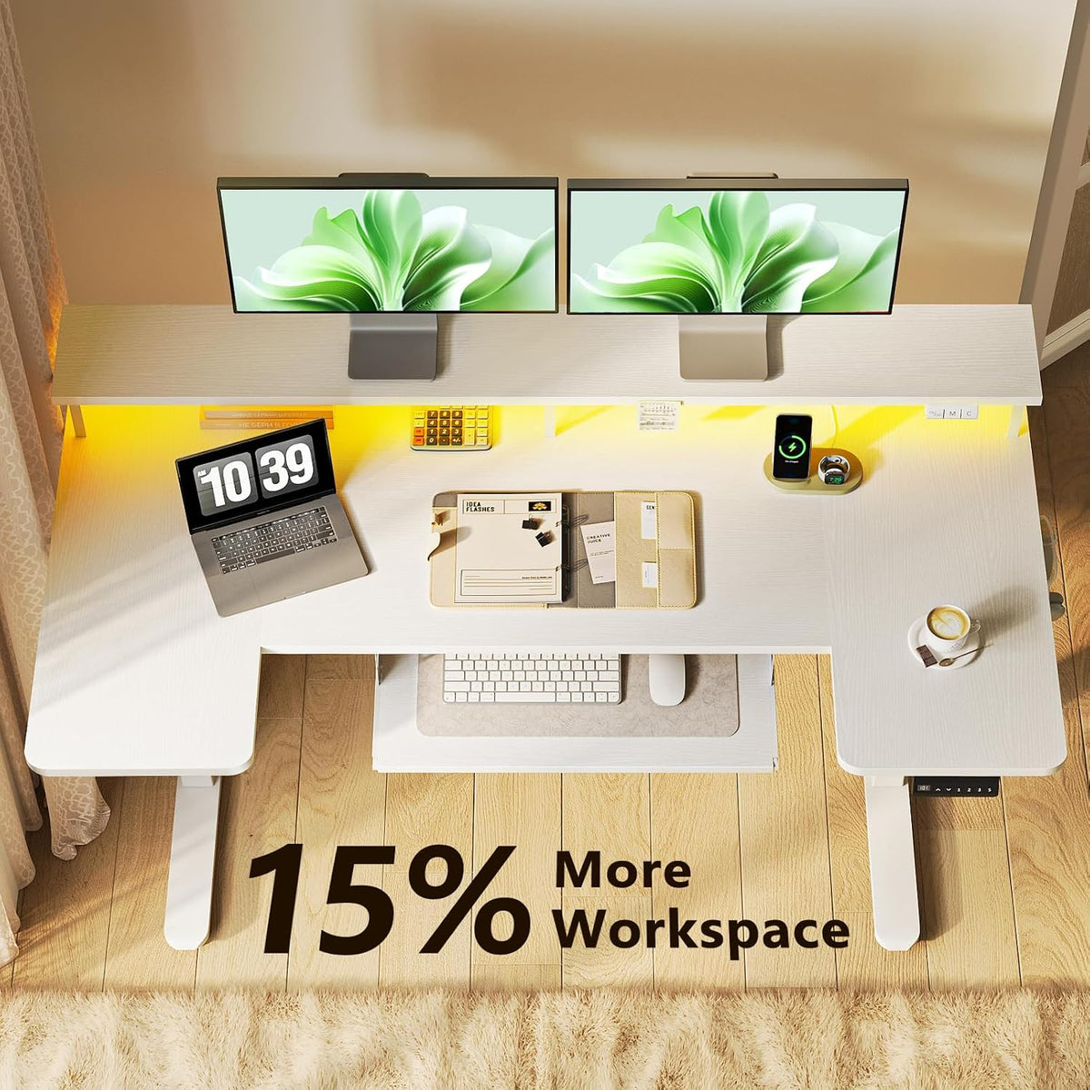 OffiGo U Shaped Electric Standing Desk with Keyboard Tray, 55 Inch Height Adjustable Desk with Power Outlets & LED Lights, Sit Stand Table with Monitor Stand for Home, Office, White