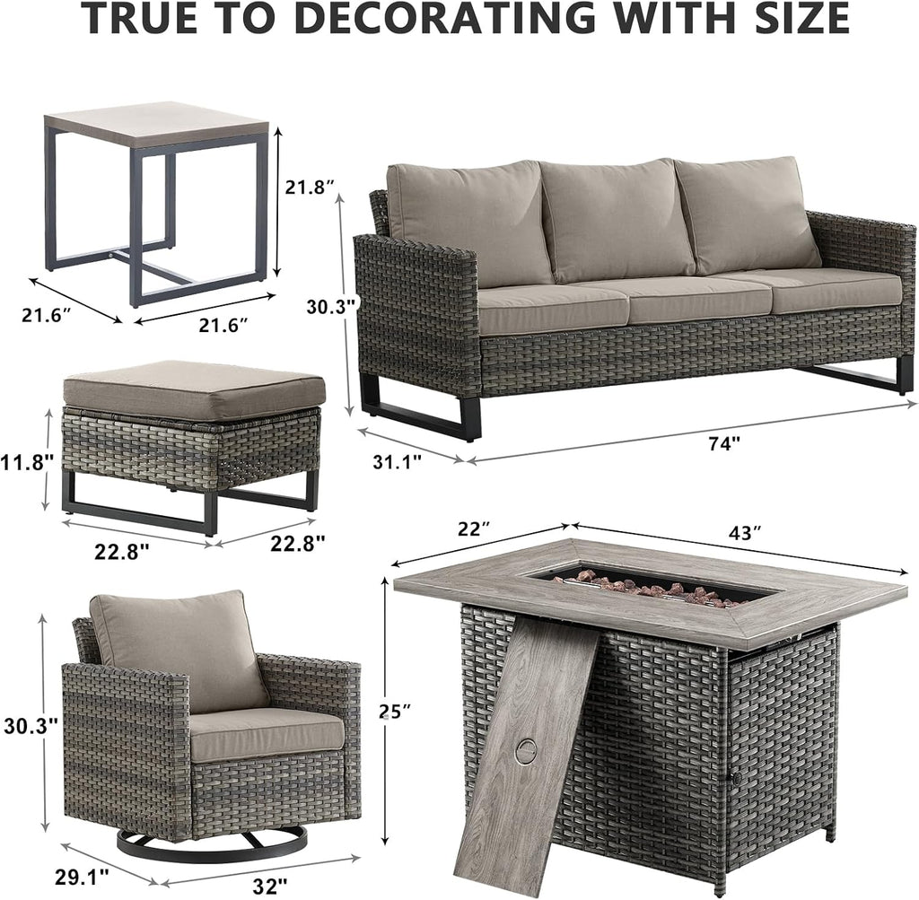 HUMMUH 7 Piece Patio Furniture Set with Fire Pit 41in 55,000 BTU,Wicker Outdoor Conversation Sets - Patio Swivel Chairs Sofa Ottomans,Side Table for Porch,Garden,Backyard