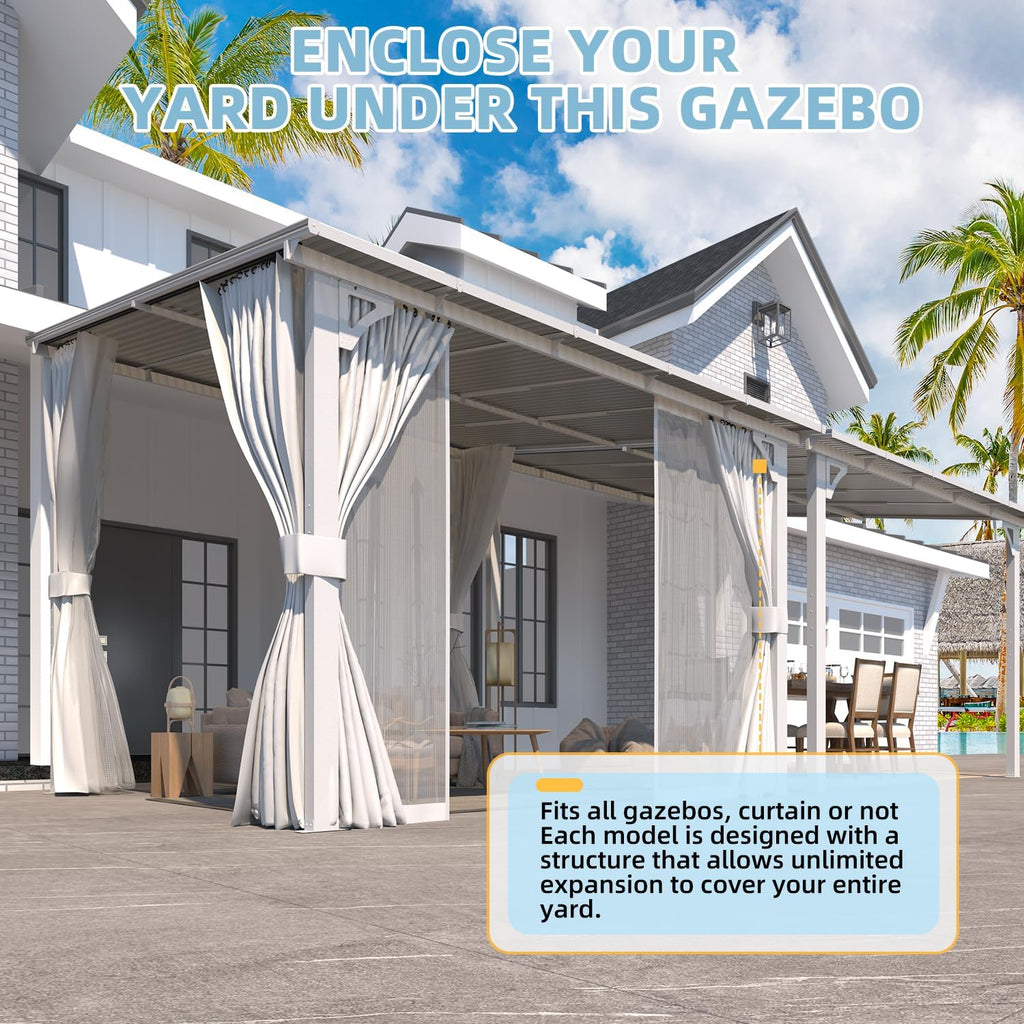 AECOJOY 8'x8' Outdoor Lean to Gazebo Pergola with Curtains and Netting for Patio, Small Wall Mounted Pergolas and Grill Gazebos Clearance, Heavy Duty Carport Metal Awnings Canopy for Deck in White