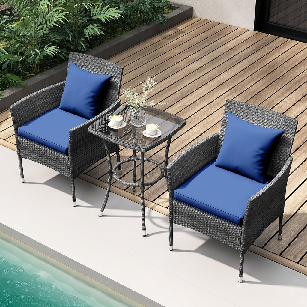 KOTEK 3 Pieces Patio Furniture Set, PE Rattan Outdoor Conversation Set with Tempered Glass Table & Soft Cushions, Wicker Bistro Set for Garden, Porch, Balcony (Navy)