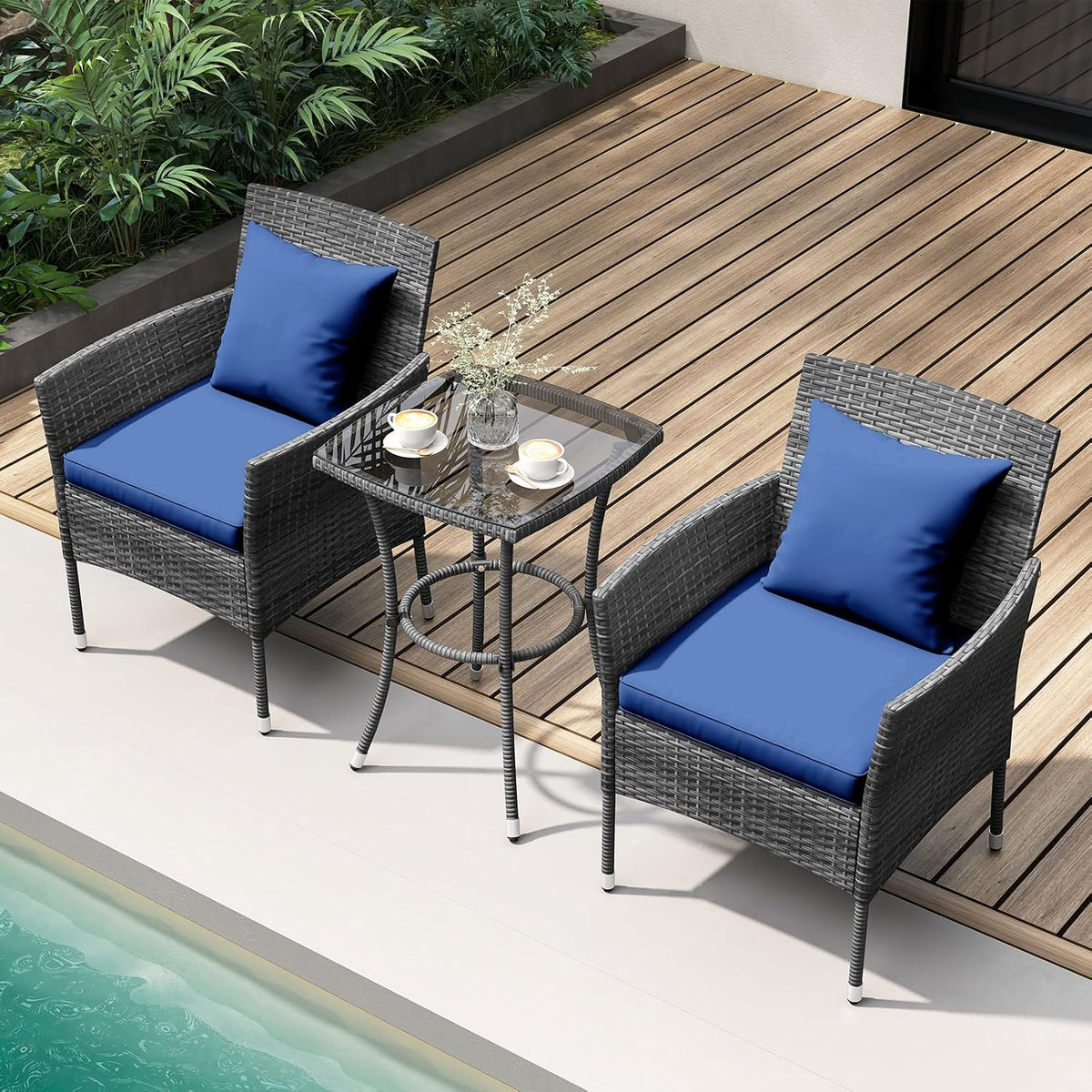KOTEK 3 Pieces Patio Furniture Set, PE Rattan Outdoor Conversation Set with Tempered Glass Table & Soft Cushions, Wicker Bistro Set for Garden, Porch, Balcony (Navy)