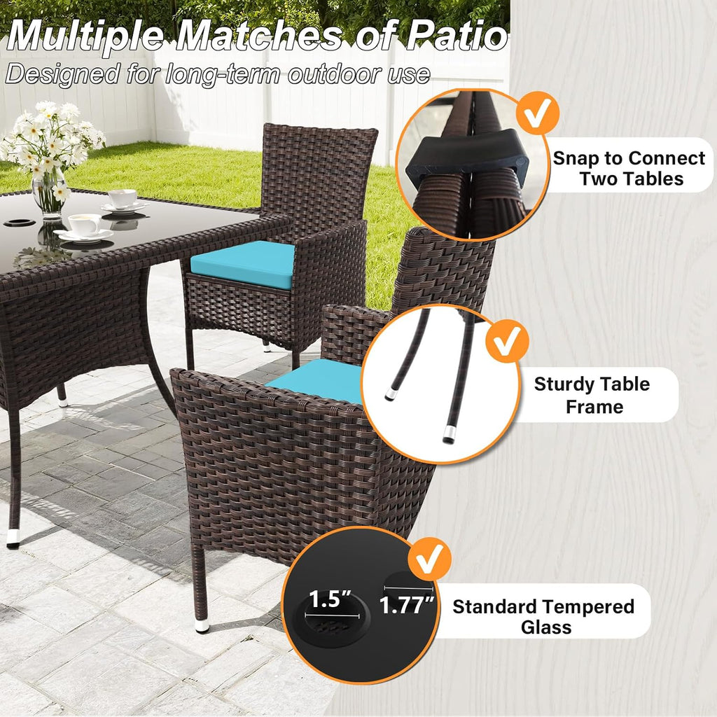 Gotland 15 Piece Outdoor Dining Set, All-Weather Rattan Patio Furniture Set with Umbrella Hole Tempered Glass Square Table, Outdoor Table and Chairs with Removable Cushions for Backyard, Deck Blue