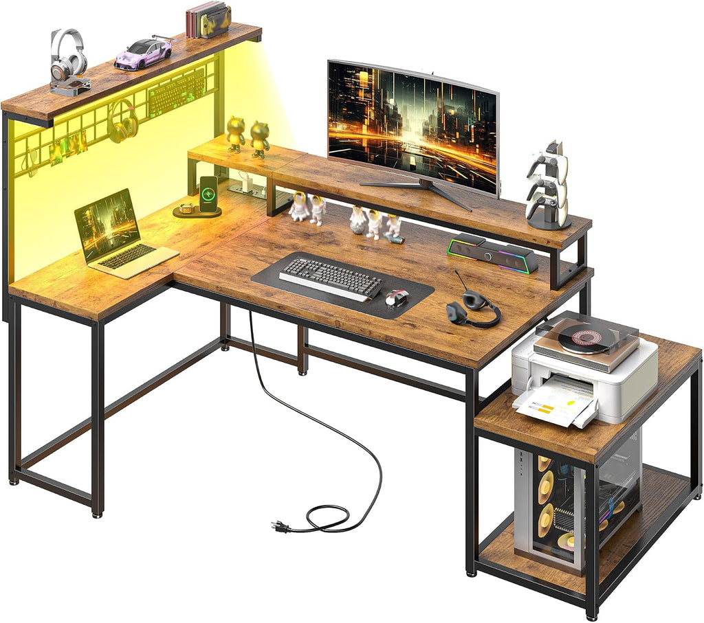 DurayLoly Gaming Desk with Shelves & Hooks, 56' L Shaped Computer Desk with LED Lights & Power Outlets & Monitor Stand and Printer Space for Home Office, Study Room, Bedroom, Rustic Brown