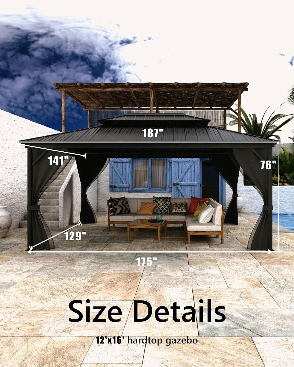 GarveeLife Hardtop Gazebo 12 ft x16 ft for All Weather, with Double Metal Roof, Net, and Curtain, Permanent Building for Patio, Deck, Backyard, Lawn, and Garden