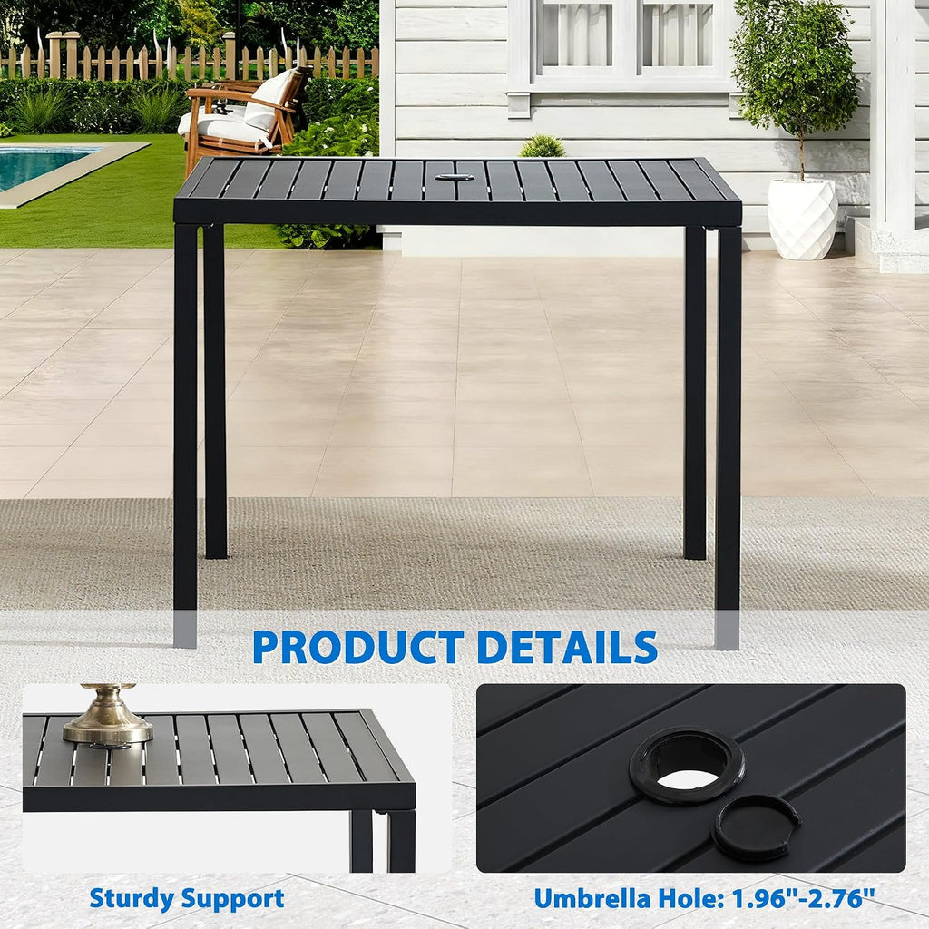5-Piece Outdoor Dining Set, 35.5' Square Metal Patio Table with Dark Blue Chairs, Black Table with Umbrella Hole for Garden, Yard, Patio