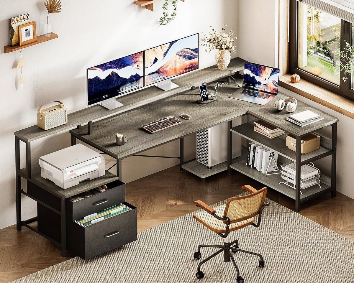 ODK 75' L Shaped Desk with File Drawers, Work from Home Office Desk with Power Outlet, Reversible Computer Desk with Storage Shelves, Gaming Desk with Monitor Shelf, Corner WFM Table, Grey Oak