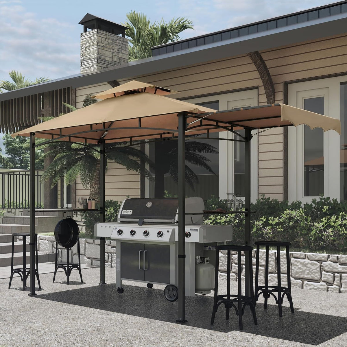 MASTERCANOPY 11 x 5 Grill Gazebo with Extra Side Awning Outdoor BBQ Gazebo with 2 LED Lights for Patio Party Backyard Picnic(Khaki)