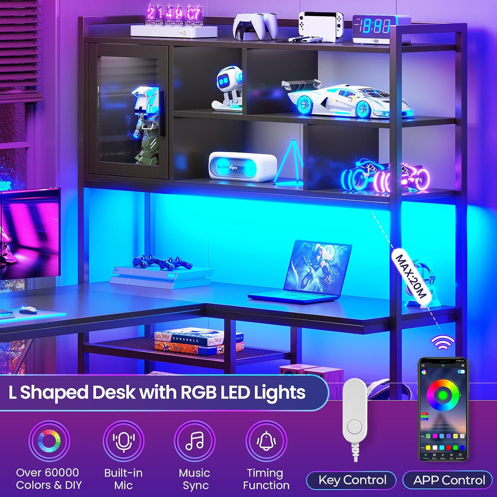 SEDETA L Shaped Computer Desk, 58'' Office Desk with LED Light and Bookshelf, L Shaped Corner Desk with Storage Shelves for Home Office, Gaming Desk, L Desk, Black